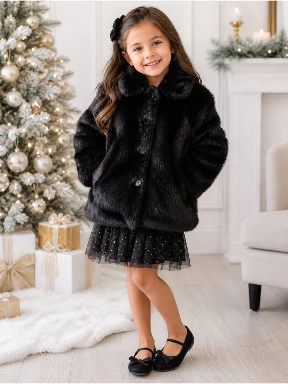 Gymboree Girls Black Faux Fur Coat Size 4 Holiday Dressy Jacket